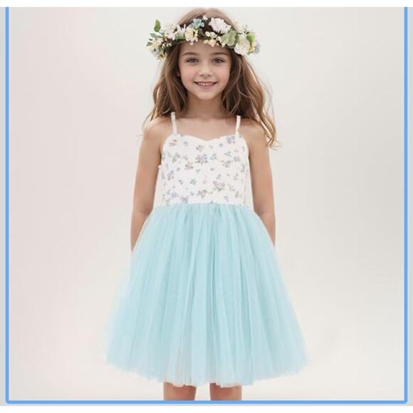 Flofallzique Rosebud Floral Baby Blue Halter Smocked Tutu Dress Girls Sz 7 - Picture 1 of 7